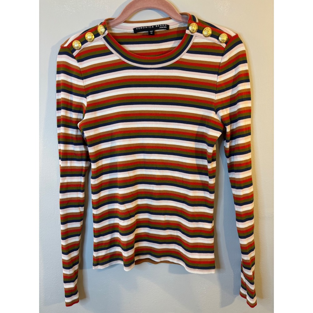 Veronica Beard Pima Cotton Striped Long Sleeve Top XS Gold Buttons